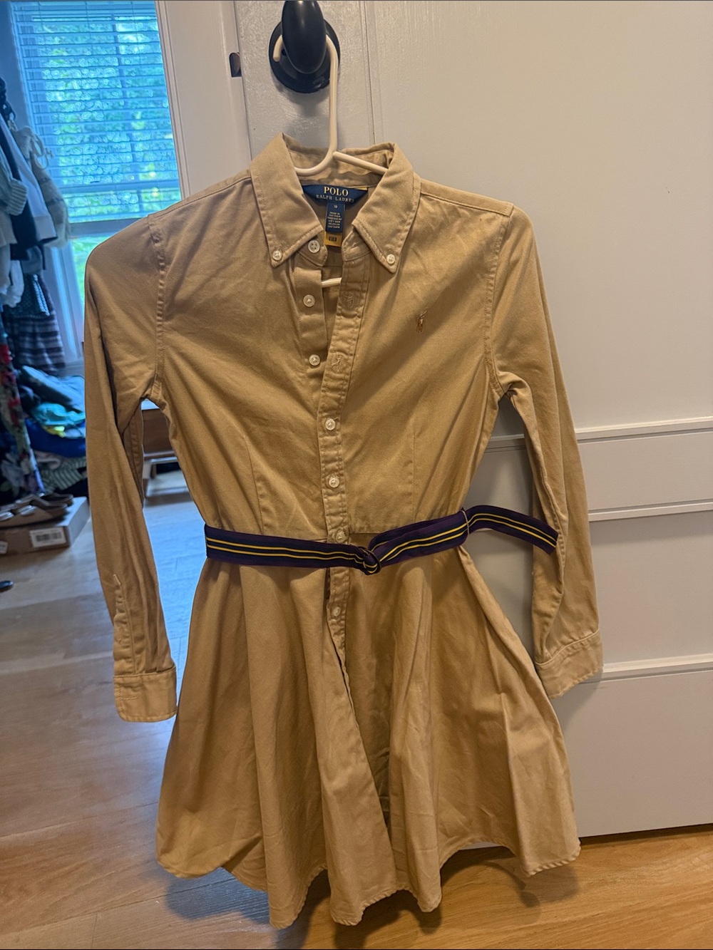 Polo by Ralph Lauren Tan Button-Front Shirt Dress with Navy & Yellow Stripe Belt